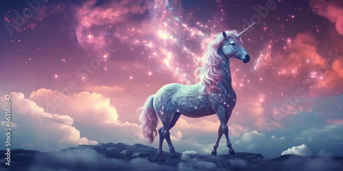 Fantastic starry sky fluffy clouds and a magical unicorn  AI Generative