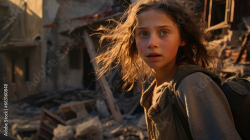 A frightened child against the background of a destroyed house. Disaster.