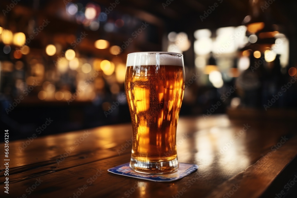 Close up of a glass of beer and bar in the back with empty copy space.