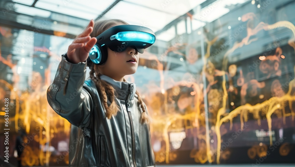 little girl in virtual reality headset pointing with finger