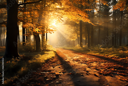 Beautiful autumn forest nature with vivid morning light background