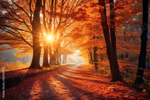 Beautiful autumn forest nature with vivid morning light background