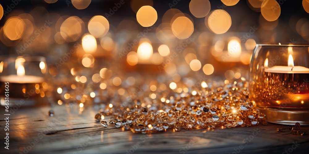 Christmas background with candles and golden garland - obrazy, fototapety, plakaty 