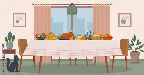 Big table with food in home interior. Thanksgiving turkey. Thanksgiving, holiday, family, Christmas concept.