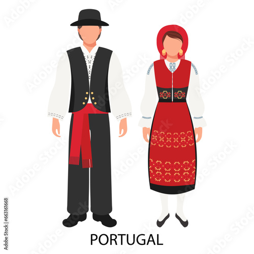 A man and a woman in Portuguese folk costumes. Culture and traditions of Portugal. Illustration, vector