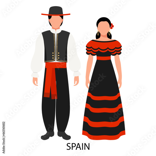 A man and a woman in Spanish folk costumes. Culture and traditions of Spain. Illustration, vector
