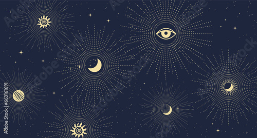 Astrological background in boho style, golden mystical esoteric symbols of the moon, sun, stars on a dark background. Print, astronomical background. Vector