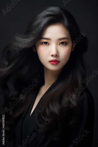 a Korean woman top model. long black hair. dark background, dark style. prety. beatiful woman asian. 