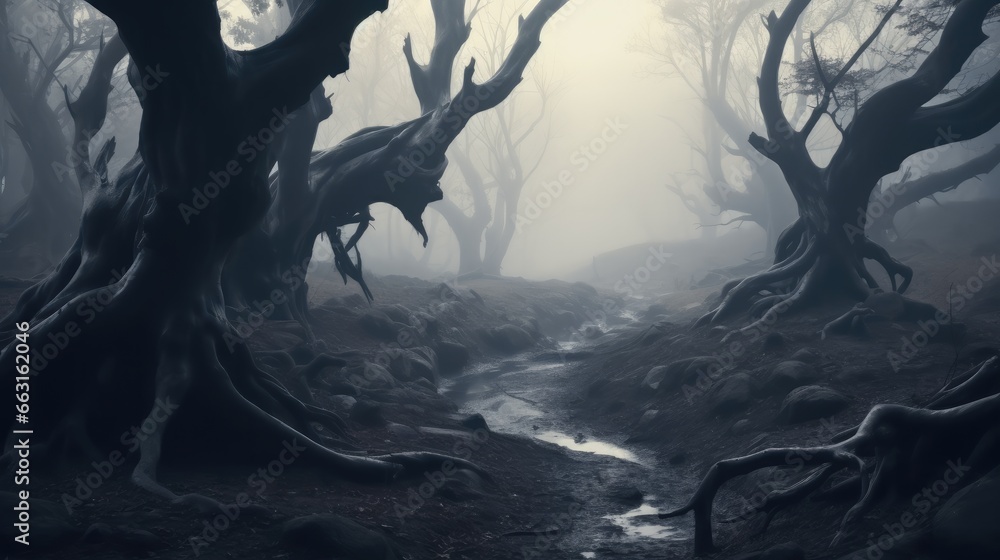 Early foggy morning, Fantasy mystic bent tree trunk forest.