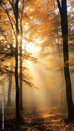 vertical panorama of the autumn forest, the sun's rays breaking through the fog, the sunshine, autumn morning in a fairytale forest