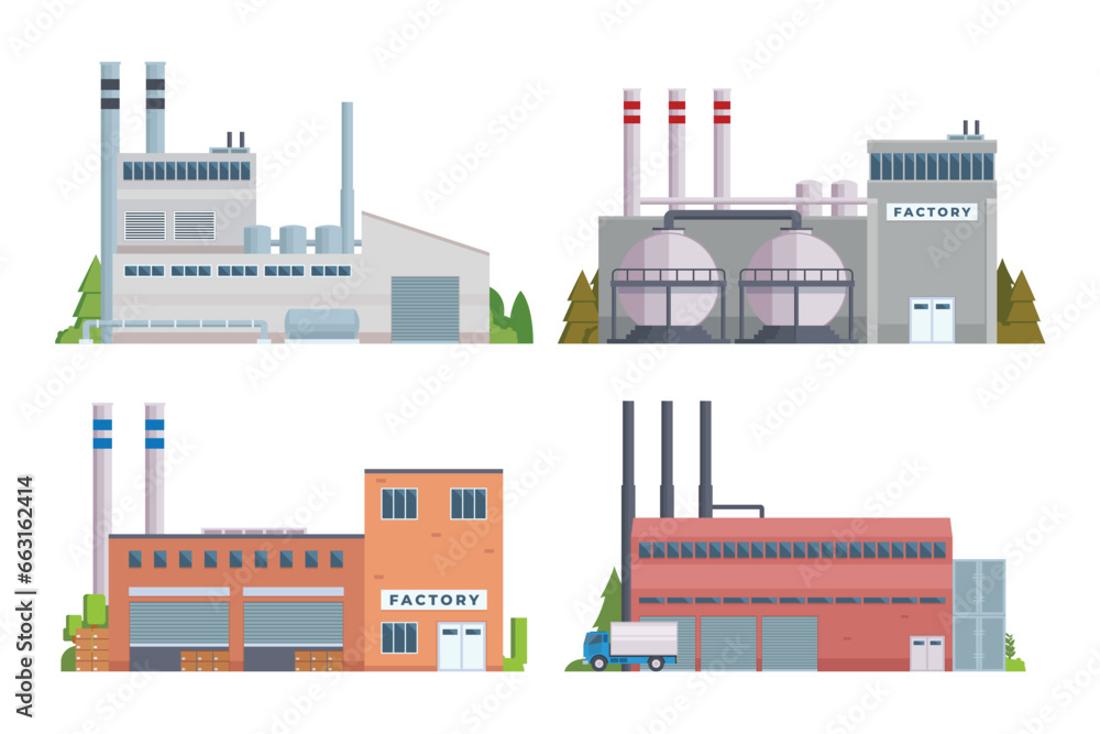factory buildings vector illustration collection. Flat design front view concept for city illustration - obrazy, fototapety, plakaty 