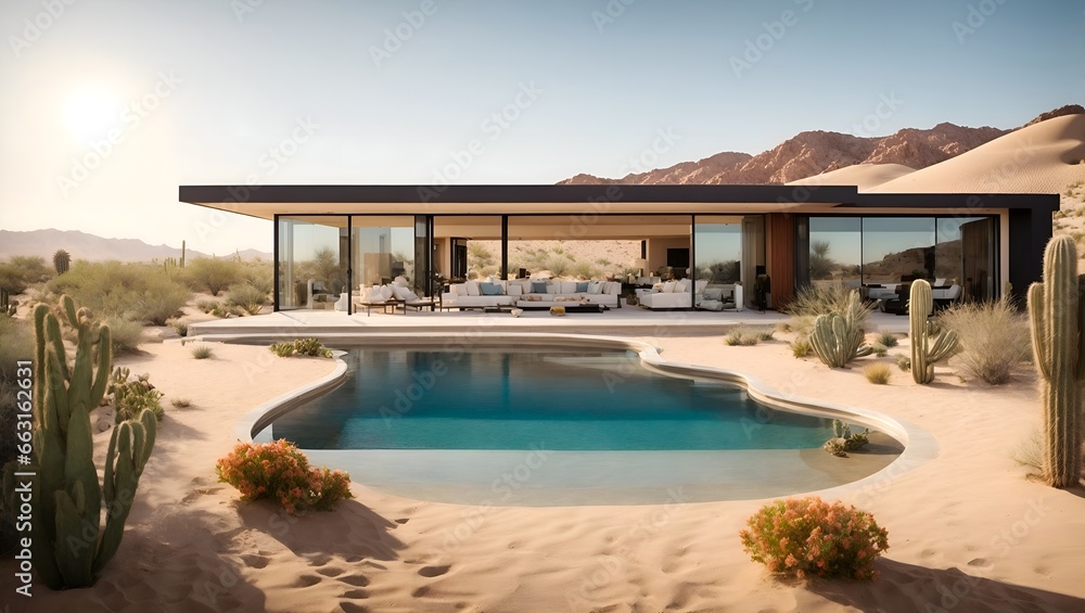 Fototapeta premium Luxurious desert dream house with an infinity pool, cacti gardens, and breathtaking views of sand dunes