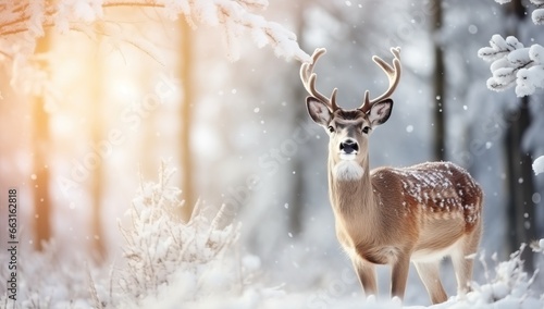 Fallow deer in winter forest with snowflakes