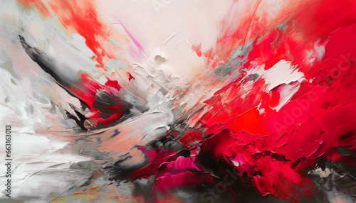 Abstract oil painting with red, pink, orange brush strokes, background, wallpaper, paint texture, bold art, expressive artwork, fine realistic detail, modern style, evoking vibrant emotions, feelings
