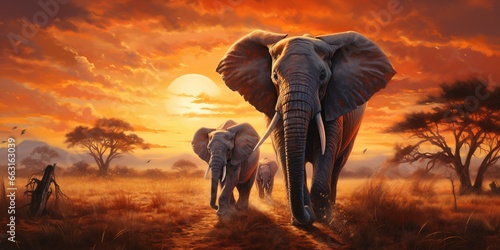 A herd of elephants walking across a dry grass field at sunset with the sun in the background and a few trees in the foreground