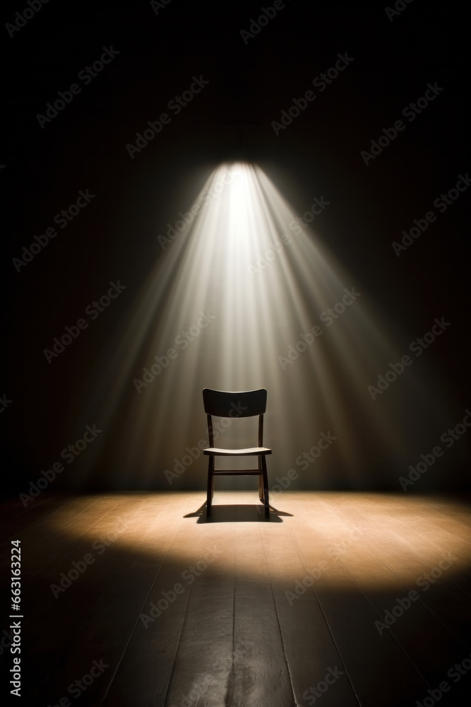 wooden chair on stand up comedy stage with reflectors ray, high contrast image - obrazy, fototapety, plakaty 