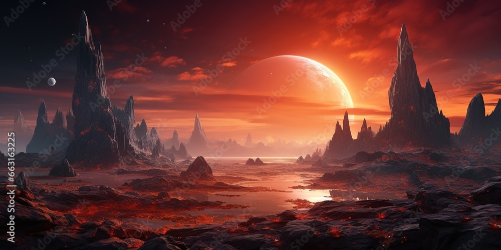 Alien planet landscape with glowing sun and mountains with fantastic rocks formations