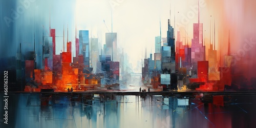 Abstract painting  the city comes to life with a burst of vibrant colors and dynamic shapes.