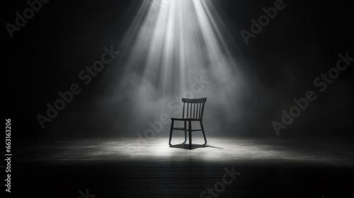 wooden chair on stand up comedy stage with reflectors ray, high contrast image