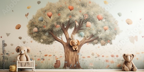 Adorable animals in trees, Kids room wallpaper design.