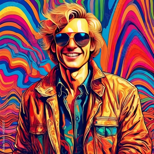 Portrait of a happy fair-haired man in sunglasses Colorful psychedelic 1990s