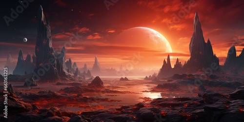 Alien planet landscape with glowing sun and mountains with fantastic rocks formations © Coosh448