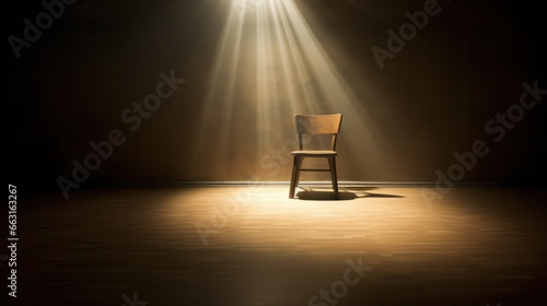 wooden chair on stand up comedy stage with reflectors ray, high contrast image photo