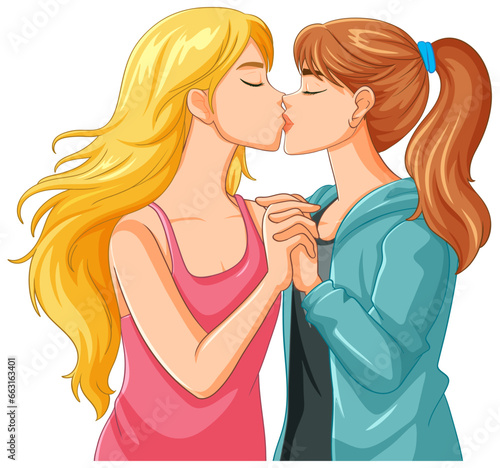 Lesbian couple kissing cartoon isolated