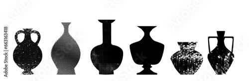 A set of trendy ceramics vases with halftone textures. Grunge background with dots. Vector contemporary illustration with cut out elements