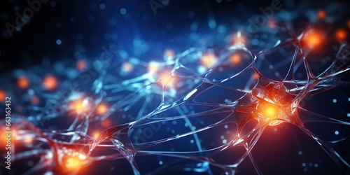 Brain stimulation activity with neuron close - up microscpoe illustration. Neurology, cognition, neuronal network, psychology, neuroscience scientific concepts