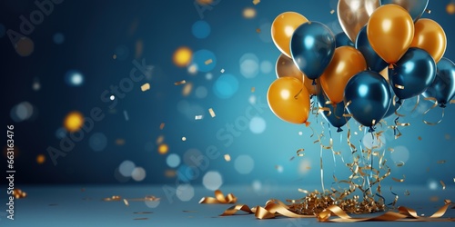 Wallpaper Mural Celebration blue background with yellow - blue, gold balloons, gifts and confetti. Torontodigital.ca