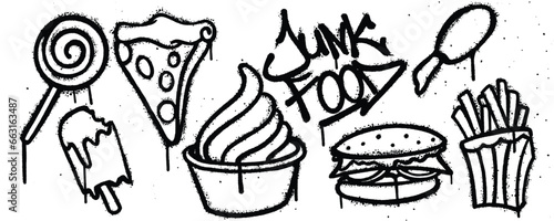Set Junk food graffiti spray paint. Collection of lollypop, pizza, chicken, ice cream, burger, french fries Isolated Vector