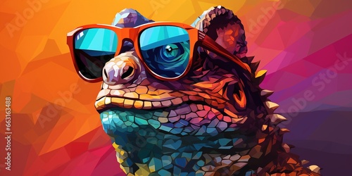 Chameleon wearing sunglasses on a solid color background, vector art, digital art, faceted, minimal, abstract, panorama background