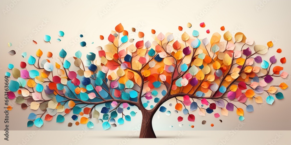 Colorful tree with leaves on hanging branches illustration background. abstraction wallpaper. Floral tree with multicolor leaves - obrazy, fototapety, plakaty 