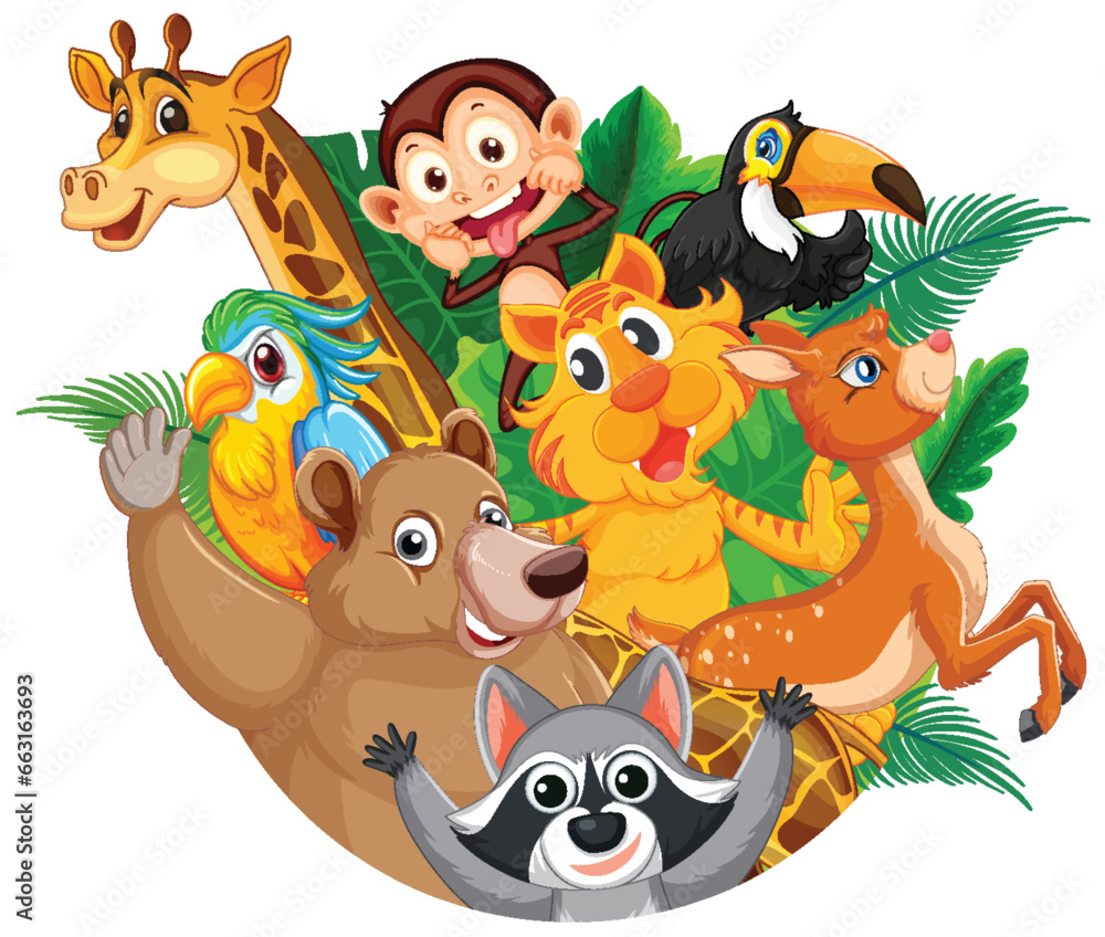 Fototapeta premium Playful Wild Animals Cartoon with Tropical Plant Leaves