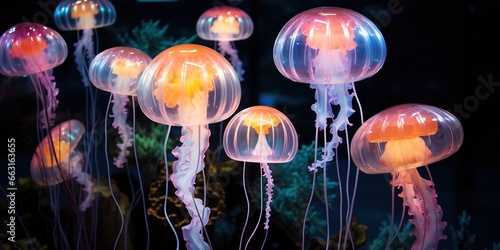 Colorful neon jellyfish ocean.