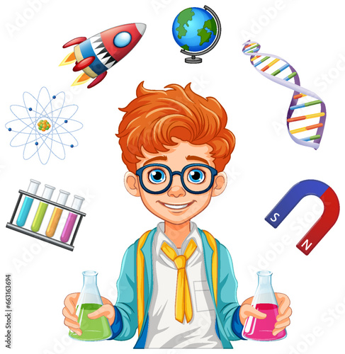 Male student cartoon holding conical flask on science class experiment