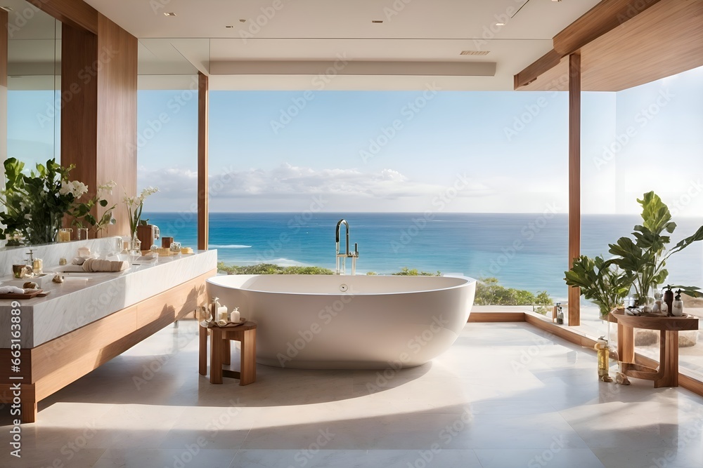 A spa-like bathroom with a freestanding bathtub positioned to face the ocean view.