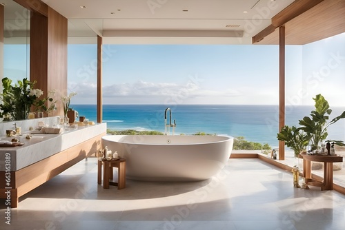 A spa-like bathroom with a freestanding bathtub positioned to face the ocean view. © Visual Aurora