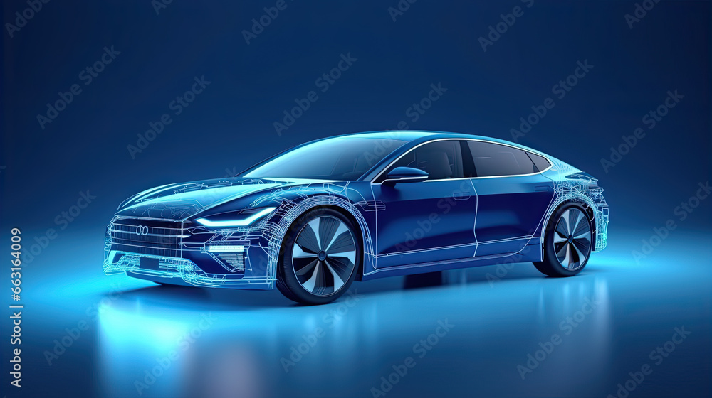 electric car connected to charger on blue background 3D Rendering, 3D Illustration	
