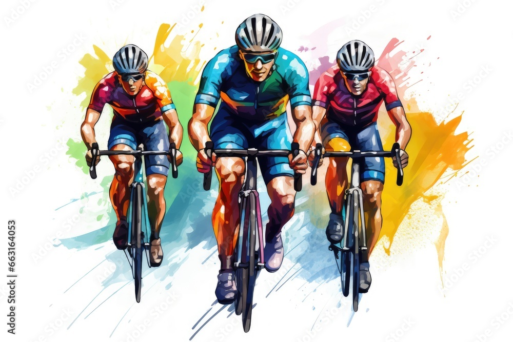 Cyclists Riding the Bike on Watercolor Splash Background. Extreme Sport Concept, Cyclists team riding on bicycles, color drawing. Bike race banner, AI Generated - obrazy, fototapety, plakaty 