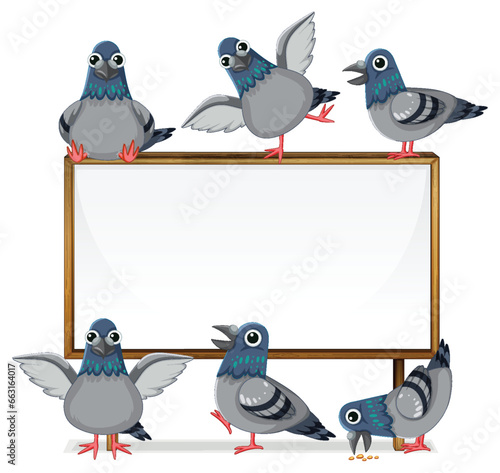 Many Pigeons Standing on Wooden Signboard Frame