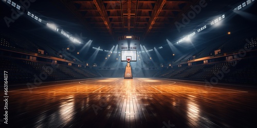 Empty basketball arena, stadium, sports ground with flashlights and fan sits photo