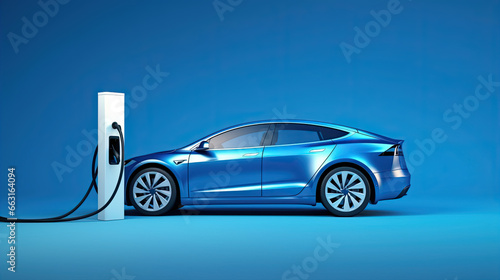 electric car connected to charger on blue background 3D Rendering, 3D Illustration   © Ziyan Yang