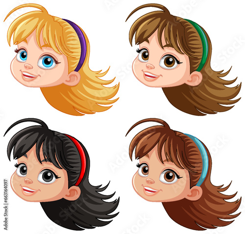 Set of girl cartoon head different hair colour