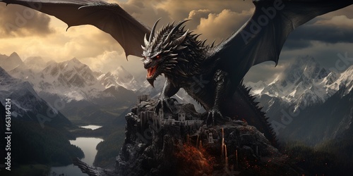 Fierceblack dragon on mountain ridge © Coosh448