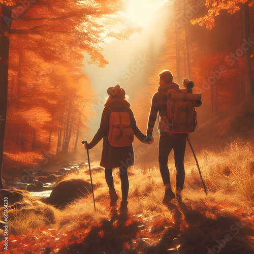 Happy hikers exploring the beauty of autumn, with vibrant foliage as their backdrop photo