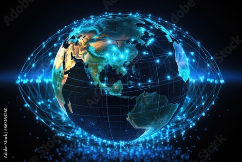 Earth planet with glowing lines representing global communication. 3D illustration, Data transfer through global network infrastructure, Digital communication system on a globe hologram, AI Generated