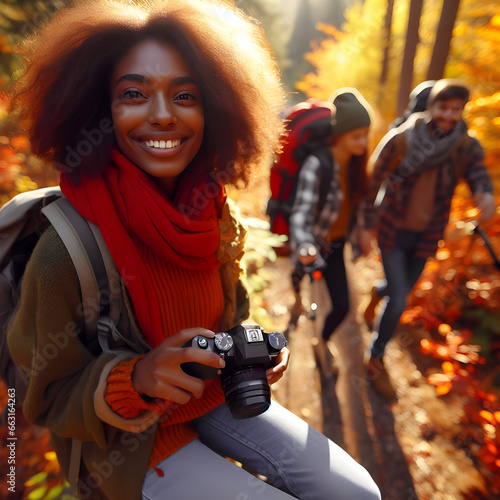 A group of cheerful individuals enjoying a fall hike, their happiness evident amidst the autumn scenery photo