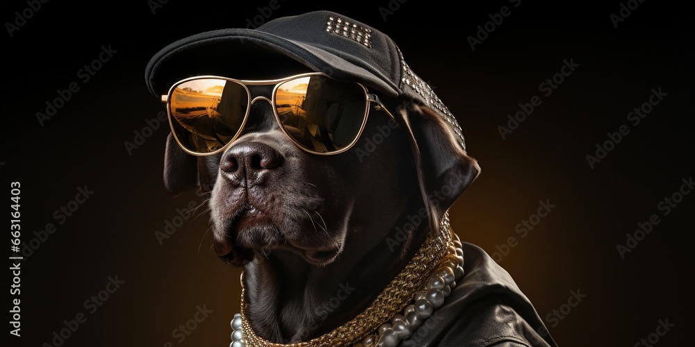 Funny dog posing as hip hop or rap superstar - baseball cap, dark sunglasses, golden chain. Wide banner with copy space on side. Wide banner with copy space on side Funny dog posing as hip hop or rap superstar - baseball cap, dark sunglasses, golden chain. Wide banner with copy space on side. Wide banner with copy space on side